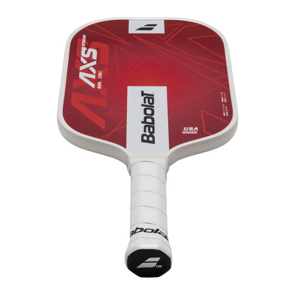 Top-down view of a red Babolat pickleball paddle with white grip and "AXS STRIKER" text.