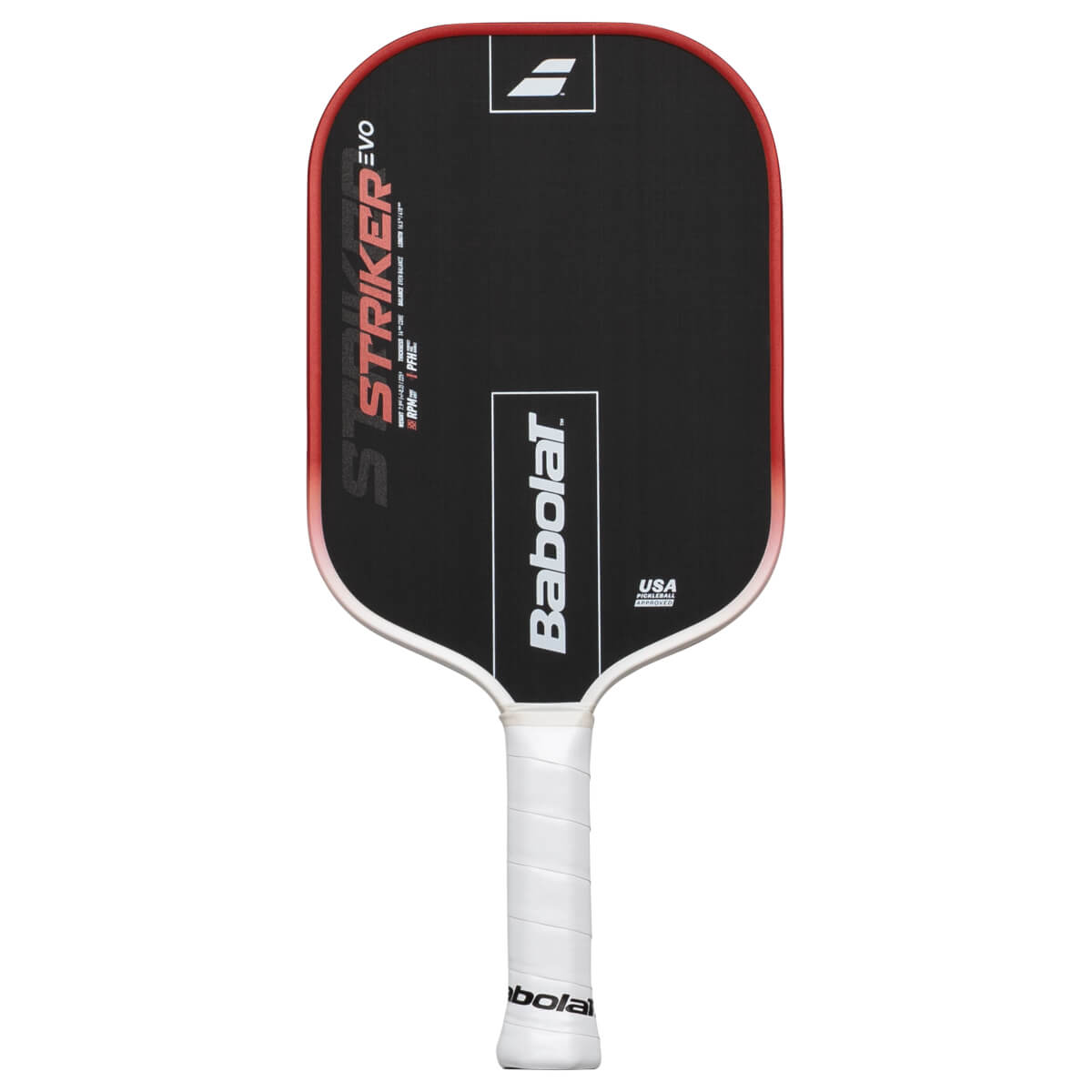 Front view of a black Babolat pickleball paddle with red trim, featuring "STRIKER EVO" and a white Babolat logo.