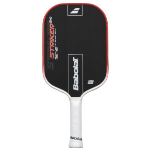 Front view of a black Babolat pickleball paddle with red trim, featuring "STRIKER EVO" and a white Babolat logo.