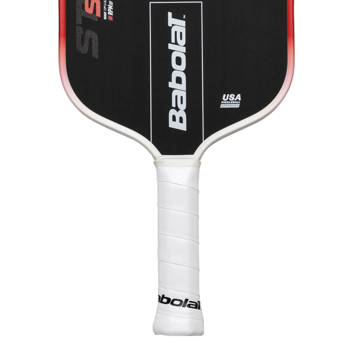 Top-down view of a black pickleball paddle with red trim, showing the Babolat logo and "USA PICKLEBALL APPROVED".