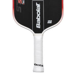Top-down view of a black pickleball paddle with red trim, showing the Babolat logo and "USA PICKLEBALL APPROVED".