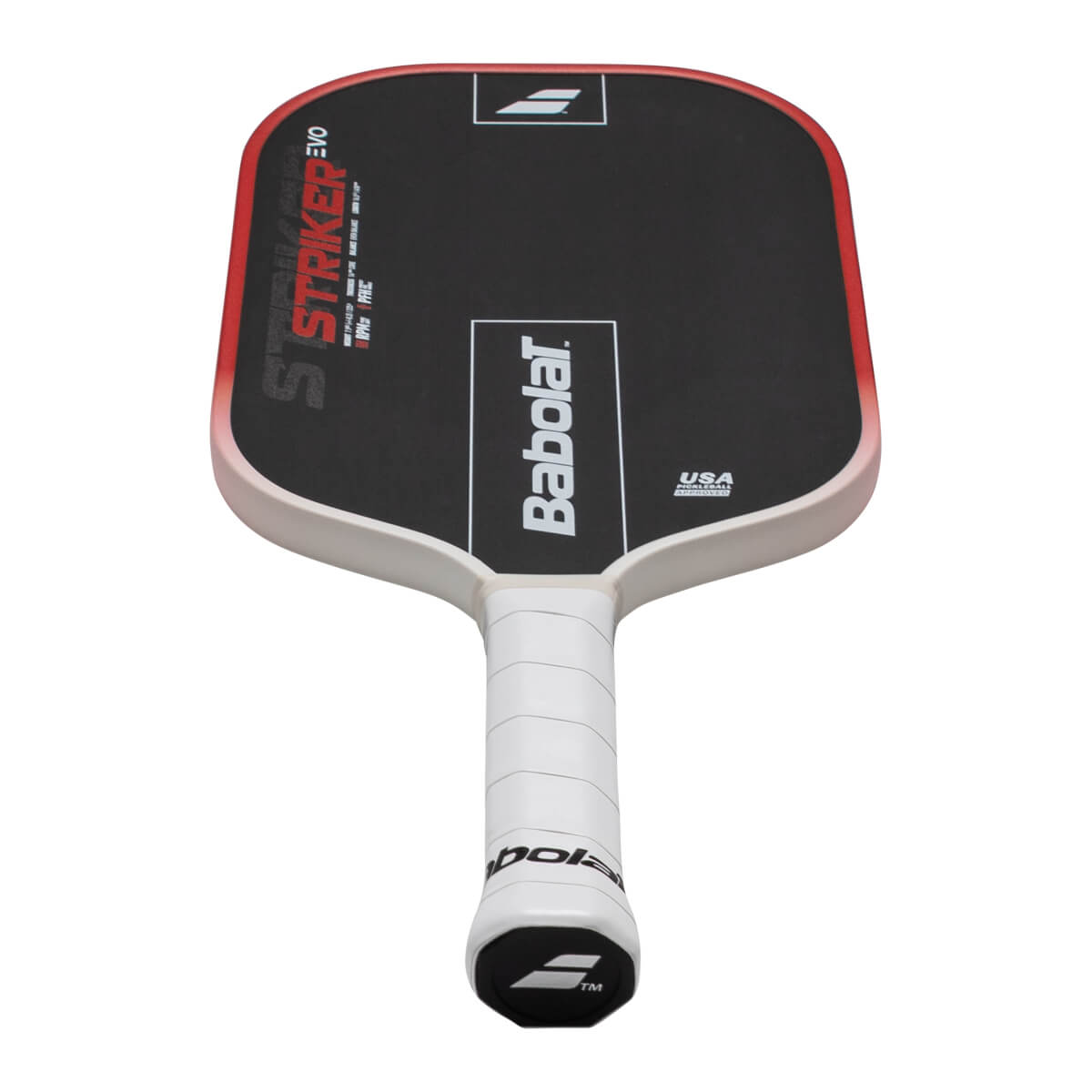 Top-down view of a black pickleball paddle with red trim, featuring "STRIKER EVO" and "Babolat" logos.