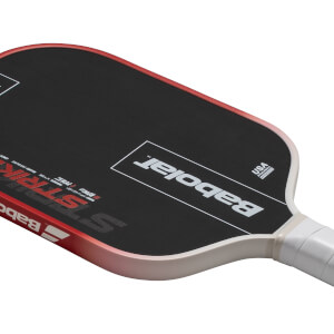Top-down view of a black pickleball paddle with red "STRIKE" text and a white Babolat logo.