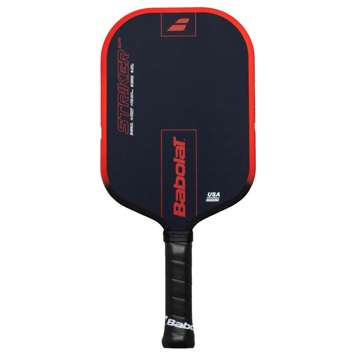Front view of a dark blue Babolat STRIKER pickleball paddle with red trim, featuring the Babolat logo and "USA PICKLEBALL APPROVED".