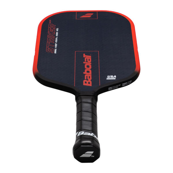 Top-down view of a black and red pickleball paddle with "STRIKER" and "Babolat" branding.