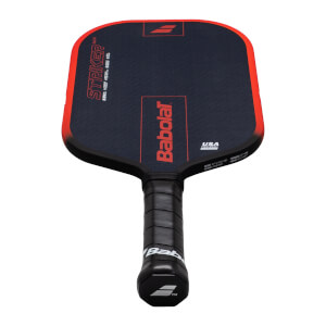Top-down view of a black and red pickleball paddle with "STRIKER" and "Babolat" branding.