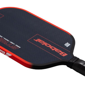 Top-down view of a dark blue pickleball paddle with red trim, featuring the Babolat logo and "USA PICKLEBALL APPROVED".