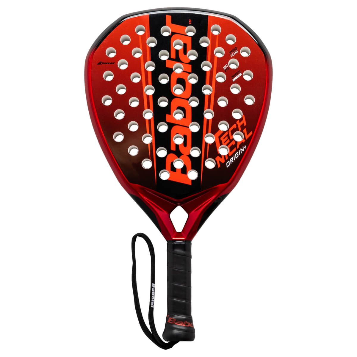 Front view of a red Babolat padel racket with black grip and "TECH ORIGIN+" text.