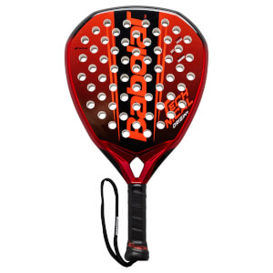 Front view of a red Babolat padel racket with black grip and "TECH ORIGIN+" text.