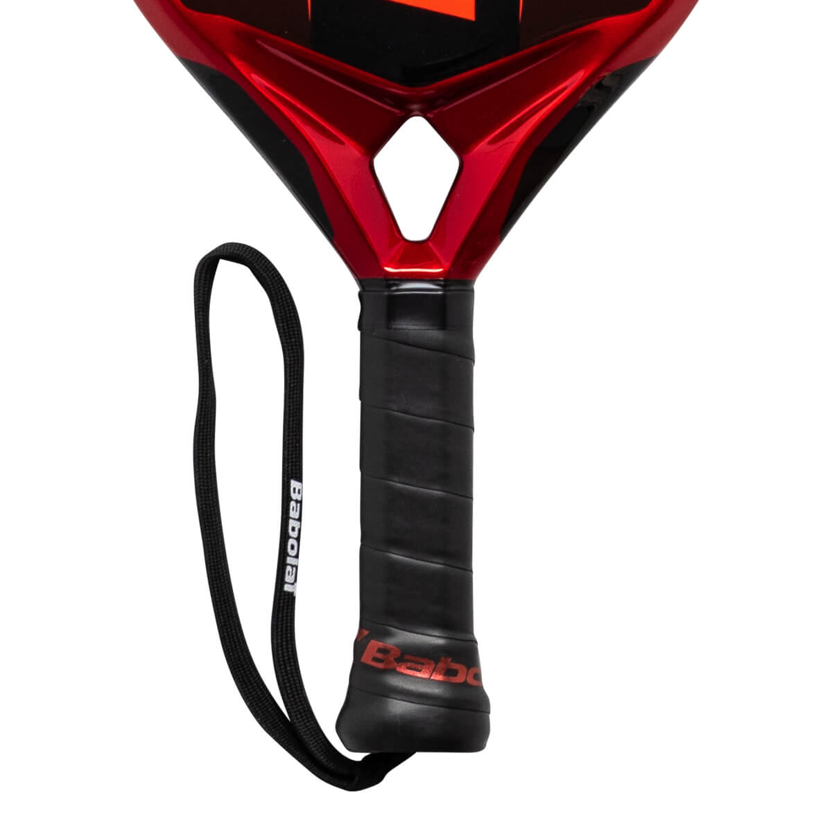 Close-up of a red and black Babolat padel racket grip with a black wrist strap.