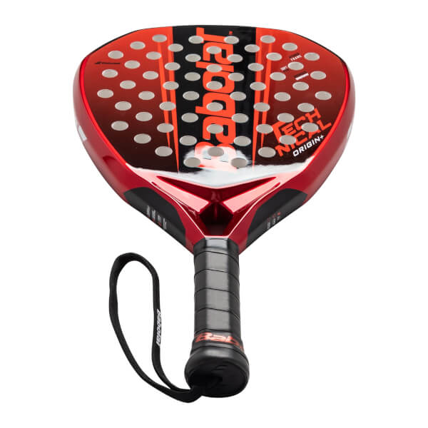 Top-down view of a red Babolat padel racket with a black grip and wrist strap, featuring "TECH" and "ORIGIN+" text.