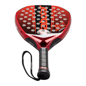 Top-down view of a red Babolat padel racket with a black grip and wrist strap, featuring "TECH" and "ORIGIN+" text.