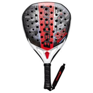 Front view of a black and red Babolat padel racket with a textured surface and "VIPER" text.