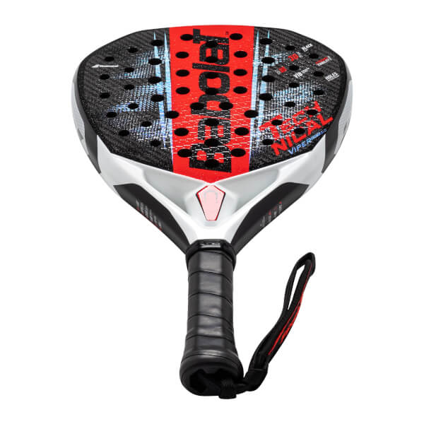 Front view of a black, red, and white Babolat padel racket with a black grip and wrist strap.