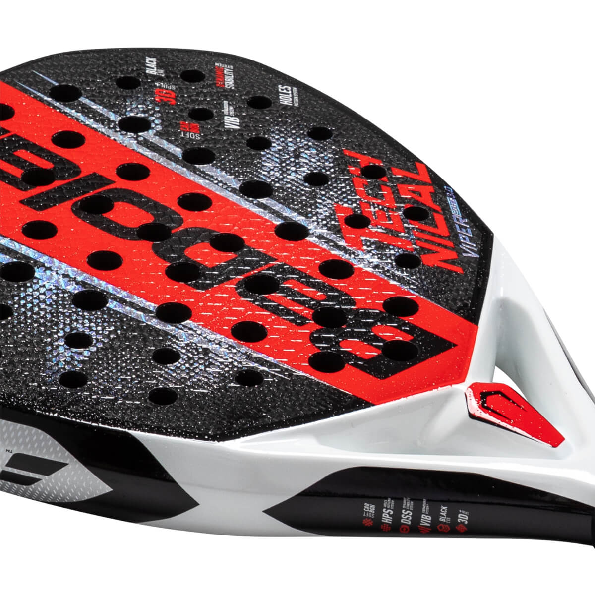Close-up of a black and red padel racket with "VIPER 3.0" visible.