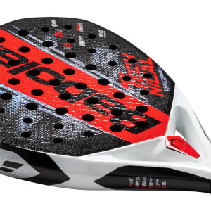 Close-up of a black and red padel racket with "VIPER 3.0" visible.