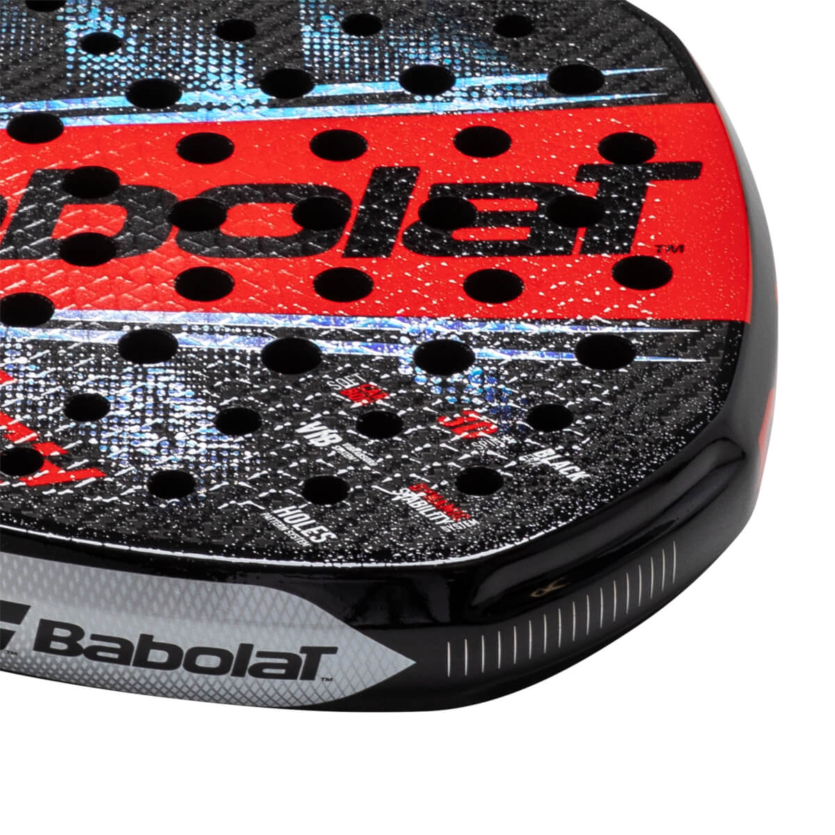 Corner view of a black and red Babolat padel racket with visible "Babolat" text and black holes.