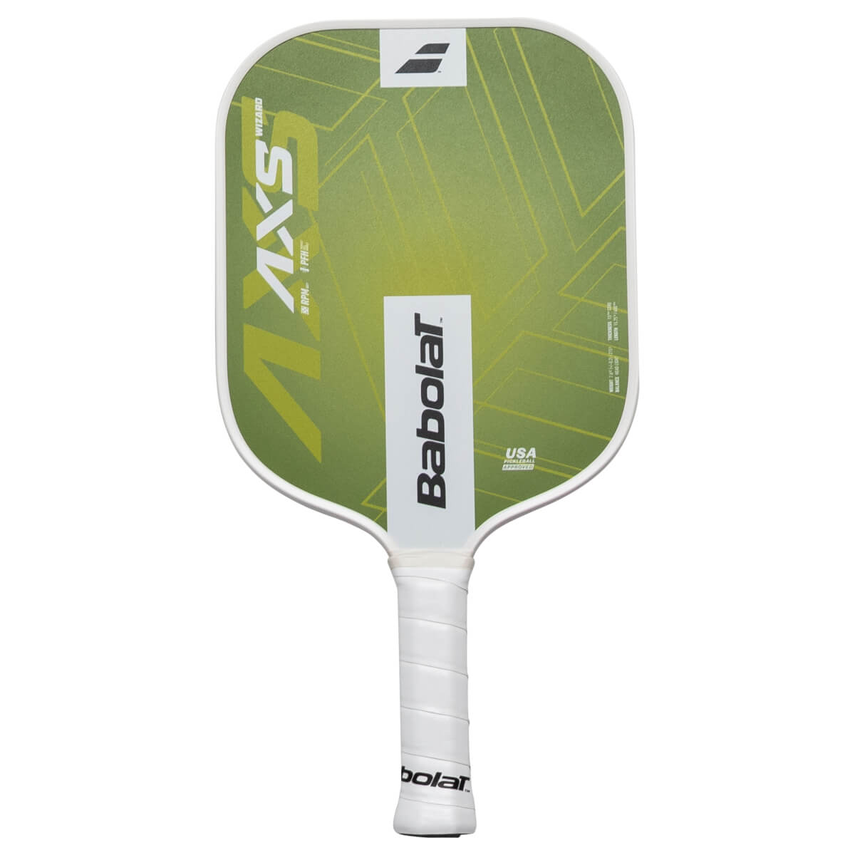 Front view of a green pickleball paddle with a geometric pattern, "Babolat" logo, and "USA Pickleball Approved" text.