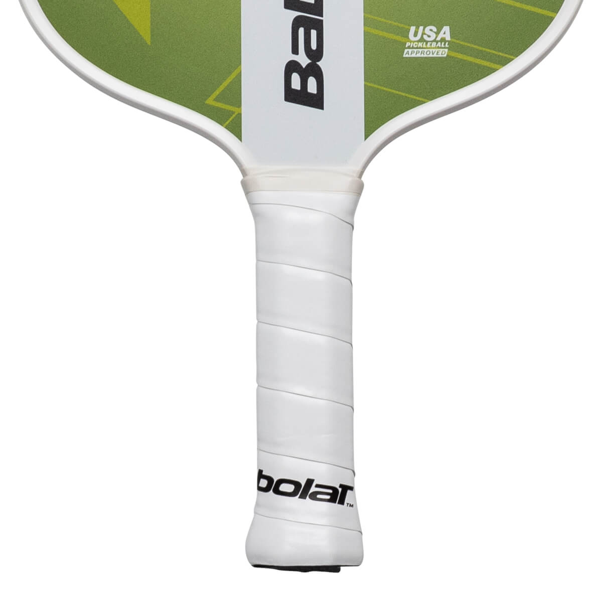 Close-up of a pickleball paddle handle with white grip tape and the "Babolat" logo.