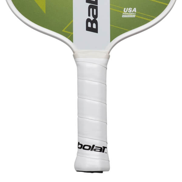 Close-up of a pickleball paddle handle with white grip tape and the "Babolat" logo.
