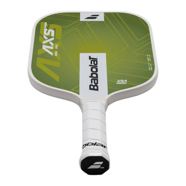 Top-down view of a green pickleball paddle with "AXS WIZARD" and "Babolat" branding.
