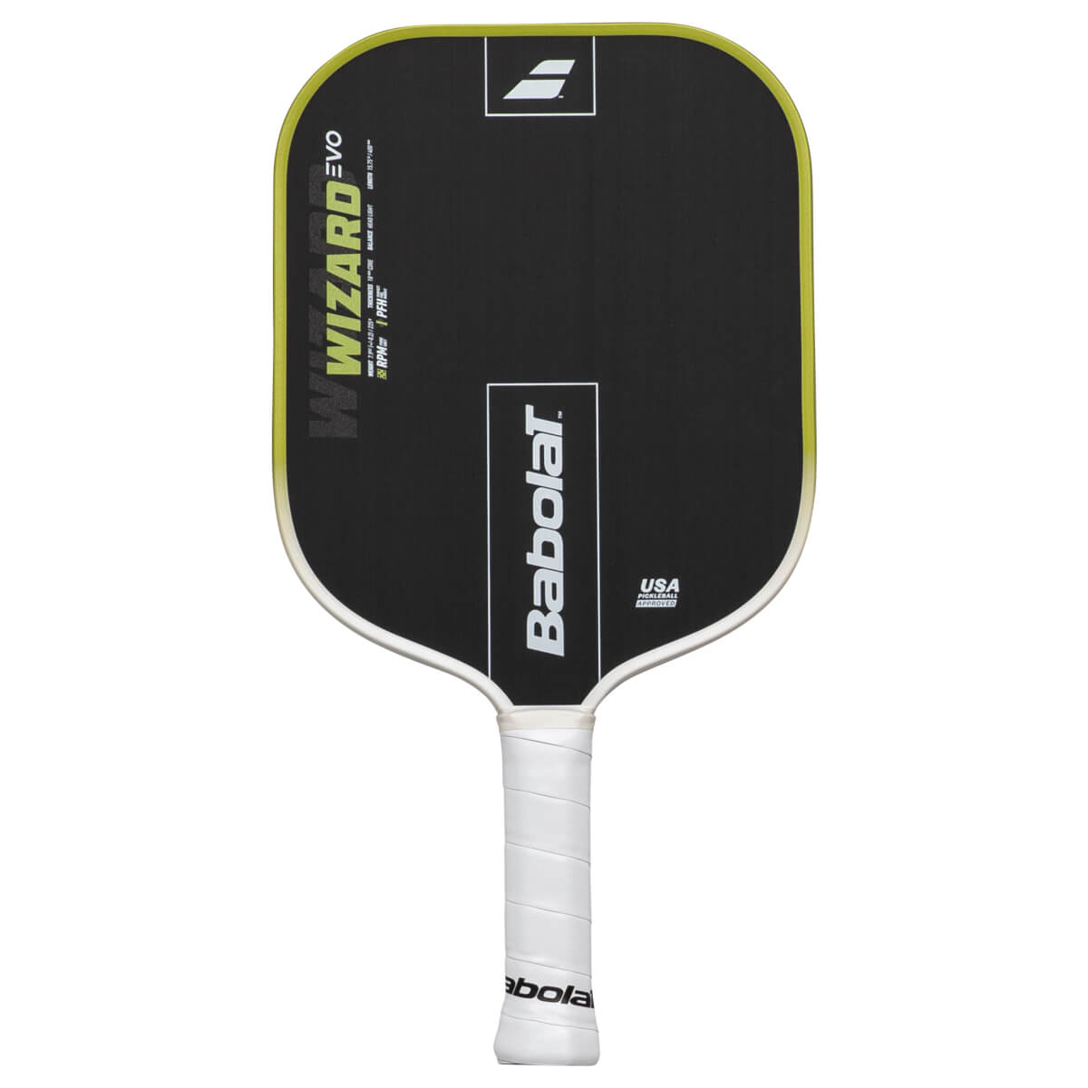 Front view of a black pickleball paddle with a yellow edge, featuring "WIZARD EVO" and "Babolat" text.