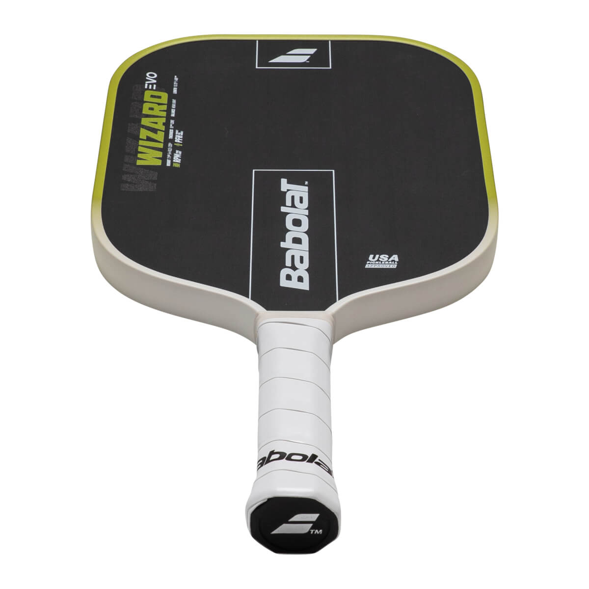 Top-down view of a Babolat pickleball paddle with a black hitting surface, white grip, and "WIZARD EVO" text.