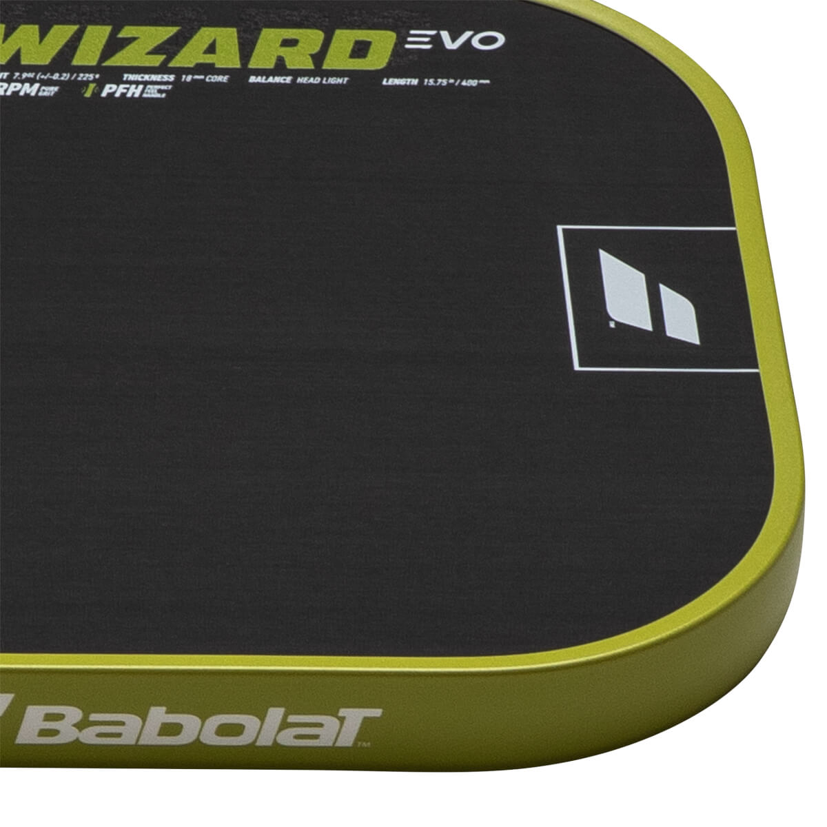 Corner view of a black Babolat padel racket with "WIZARD EVO" and a white logo.