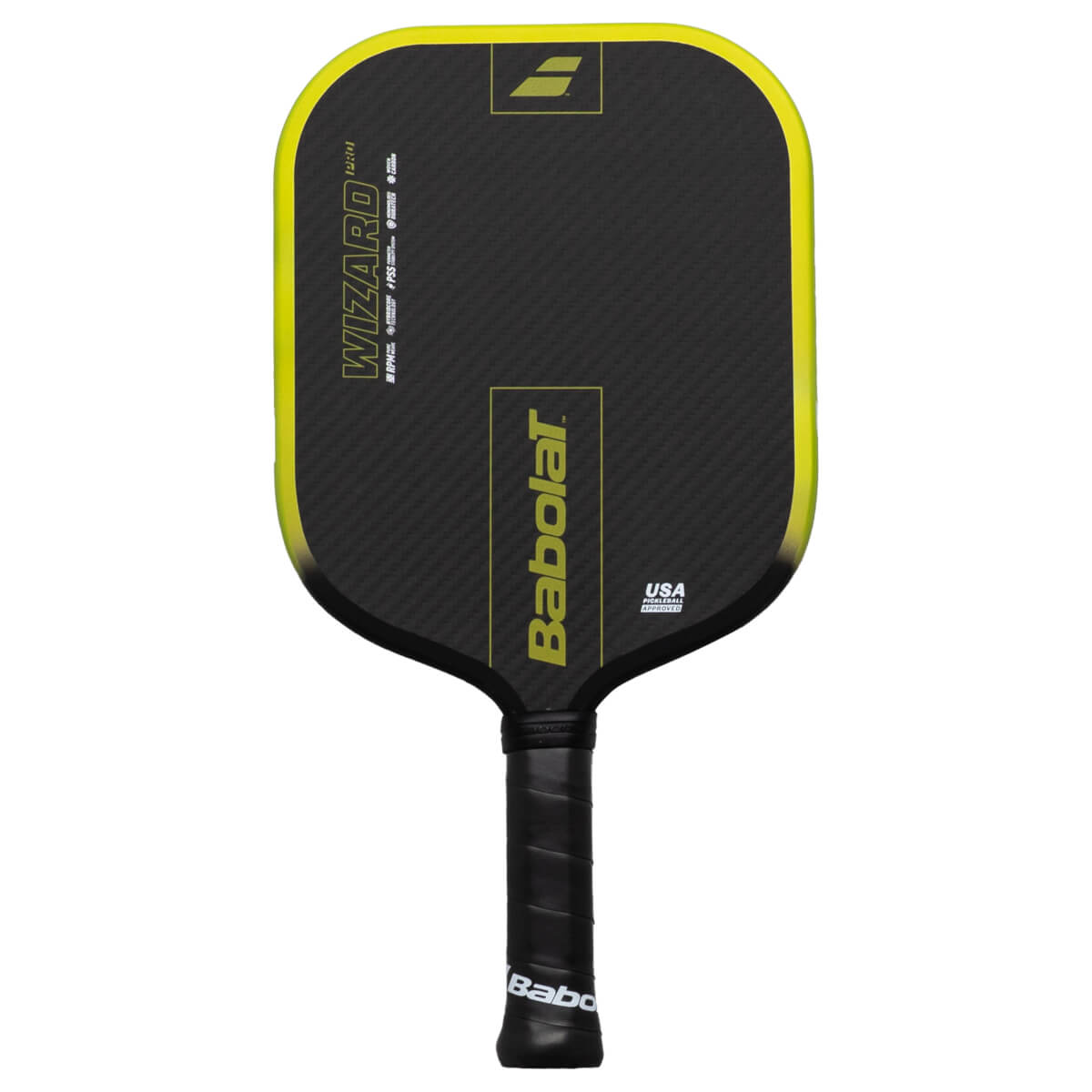 Front view of a black pickleball paddle with a yellow trim, featuring "WIZARD PRO" and "Babolat" text.