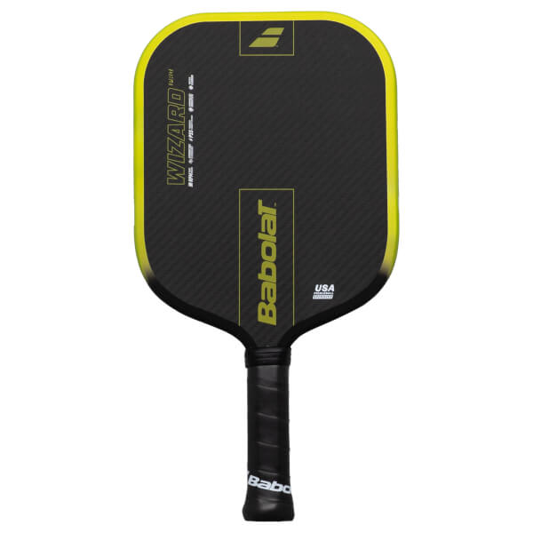 Front view of a black pickleball paddle with a yellow trim, featuring "WIZARD PRO" and "Babolat" text.