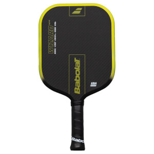Front view of a black pickleball paddle with a yellow trim, featuring "WIZARD PRO" and "Babolat" text.