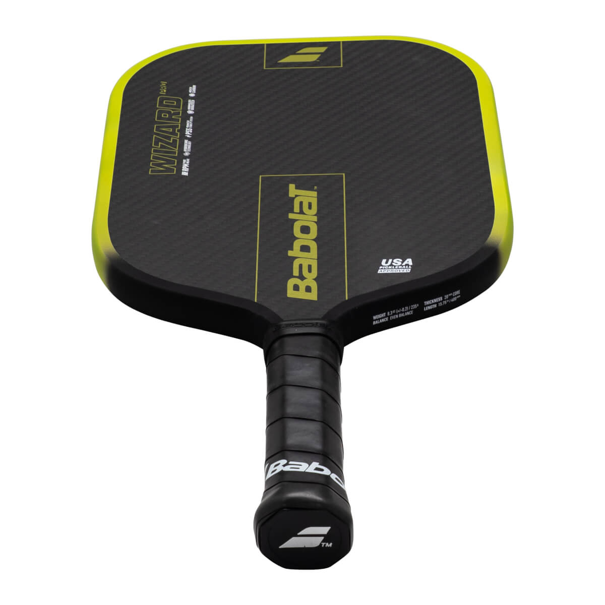 Top-down view of a black pickleball paddle with a yellow edge, featuring "WIZARD PRO" and "Babolat" text.
