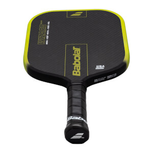 Top-down view of a black pickleball paddle with a yellow edge, featuring "WIZARD PRO" and "Babolat" text.