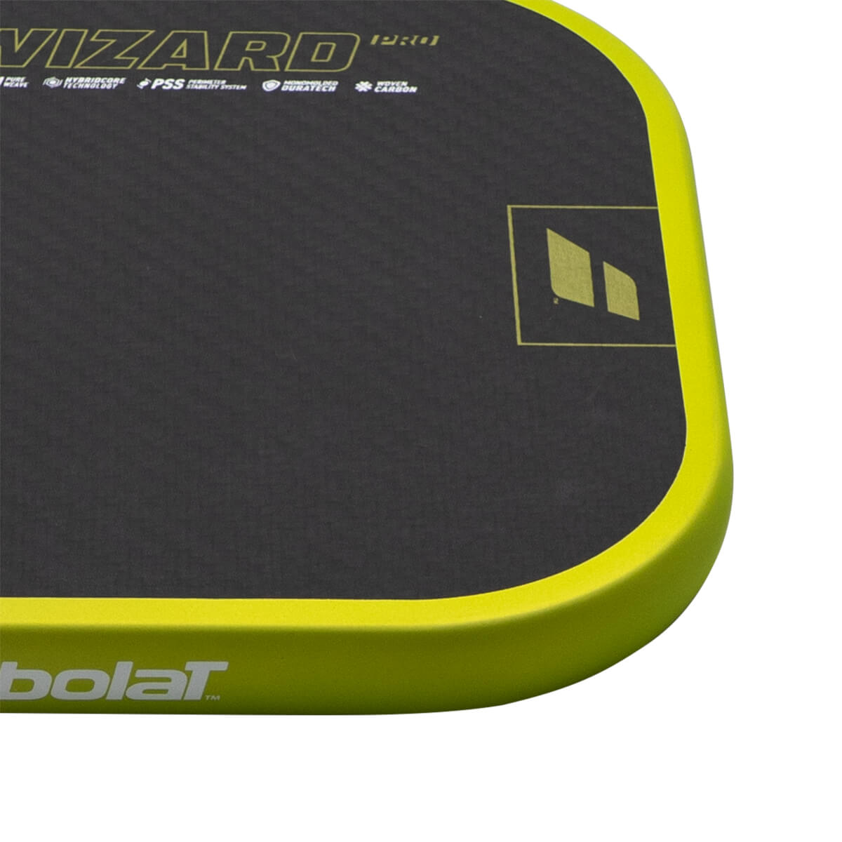 Corner view of a black and yellow padel racket showing the "WIZARD PRO" text and the "bolar" logo.