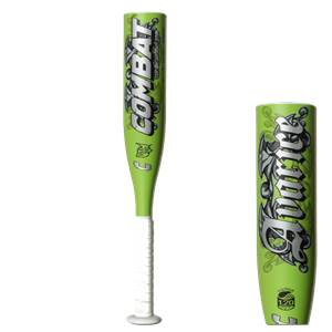 Front view of a green softball bat with COMBAT and Avarice text, and white grip.
