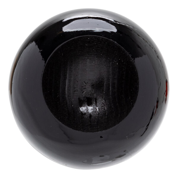 End view of a black baseball bat with a glossy finish and visible wood grain inside the cupped end.