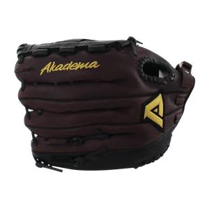 Front view of a brown baseball glove with Akadema in gold script and a yellow A logo.