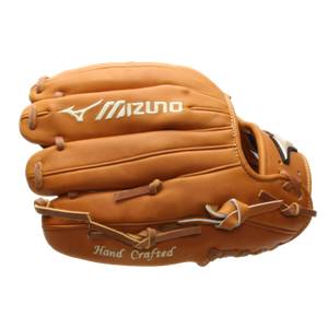 Side view of a tan baseball glove with Mizuno branding and Hand Crafted text.