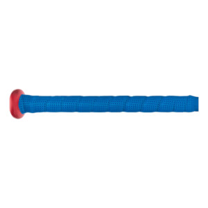 Close-up view of the bat handle featuring blue perforated grip tape and a solid red knob.
