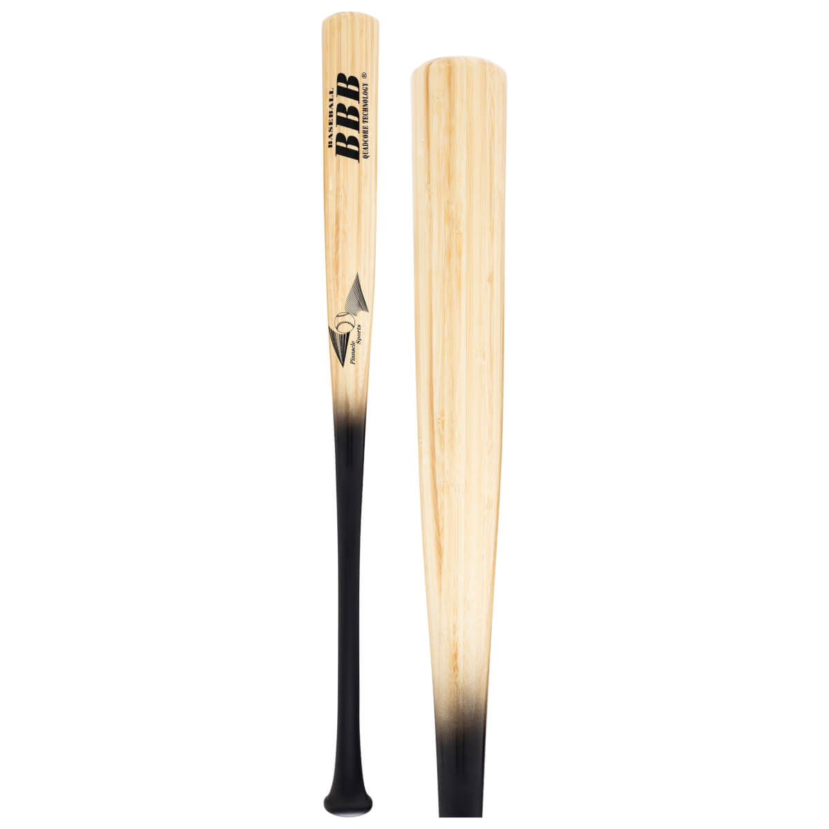 Front view of a baseball bat with "BASEBALL BBB QUADCORE TECHNOLOGY" text and a black gradient handle.