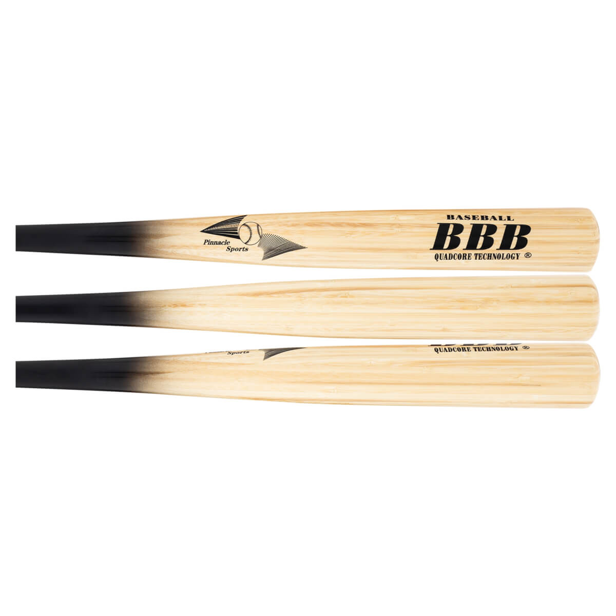 Side view of three baseball bats with black gradient handles and "BASEBALL BBB QUADCORE TECHNOLOGY" text.