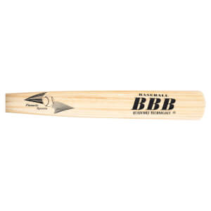 Side view of a wooden baseball bat with "BASEBALL BBB" and "QUADCORE TECHNOLOGY" printed on it.