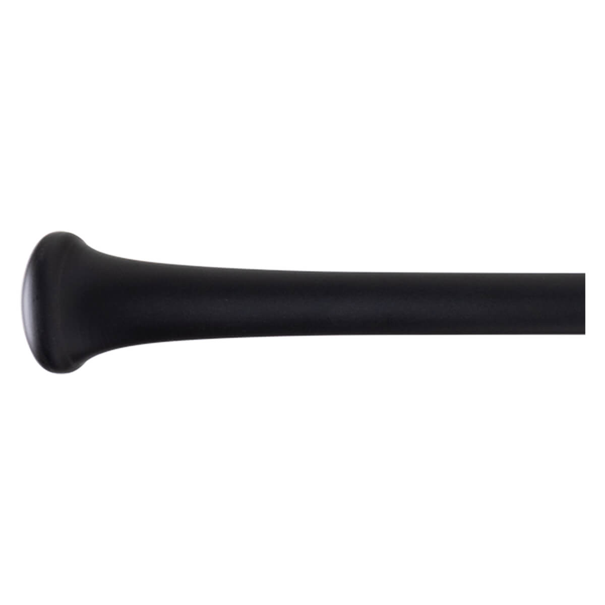 Side view of a black baseball bat with a rounded knob.