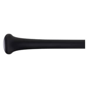 Side view of a black baseball bat with a rounded knob.
