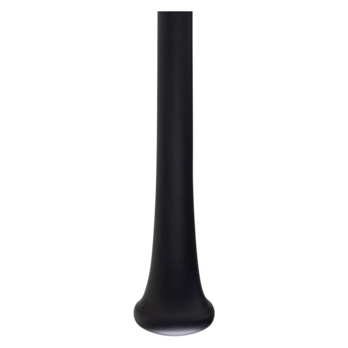 Bottom view of a black baseball bat with a flared knob.