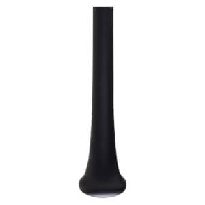 Bottom view of a black baseball bat with a flared knob.