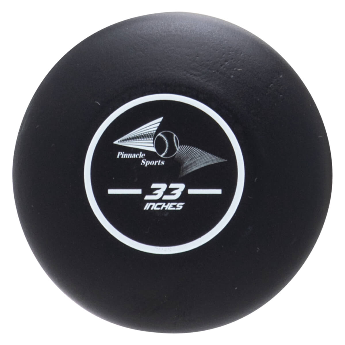 Front view of a black baseball bat with a white logo and "33 INCHES" marking.