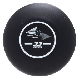Front view of a black baseball bat with a white logo and "33 INCHES" marking.