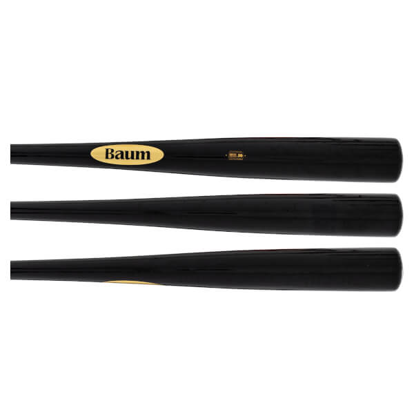 Side view of a black Baum baseball bat with a gold oval logo and "50" certification mark.