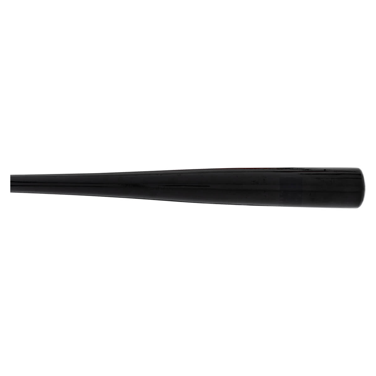 Side view of a black baseball bat with a glossy finish and visible branding.